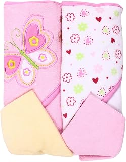 Spasilk Baby Hooded Bath Towels & Washcloths Set - 2 Soft Terry Hooded Towels, 2 Washcloths, Pink Butterfly, 80% Cotton for Newborns
