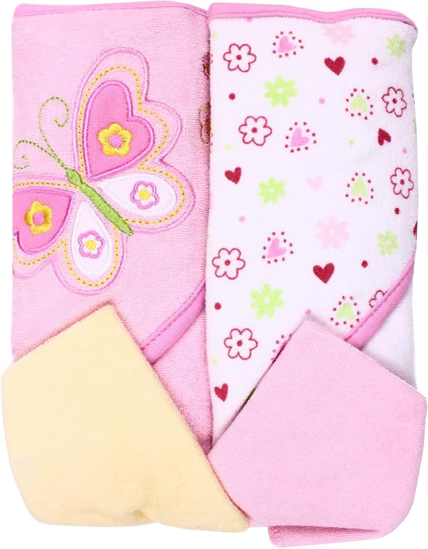 Spasilk Bath Hooded Towels & Washcloths Set for Babies, 2 Hooded Terry Bath Towels & 2 Washcloths, Pink Butterfly