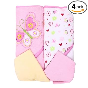 Spasilk Bath Hooded Towels & Washcloths Set for Babies, 2 Hooded Terry Bath Towels & 2 Washcloths, Pink Butterfly