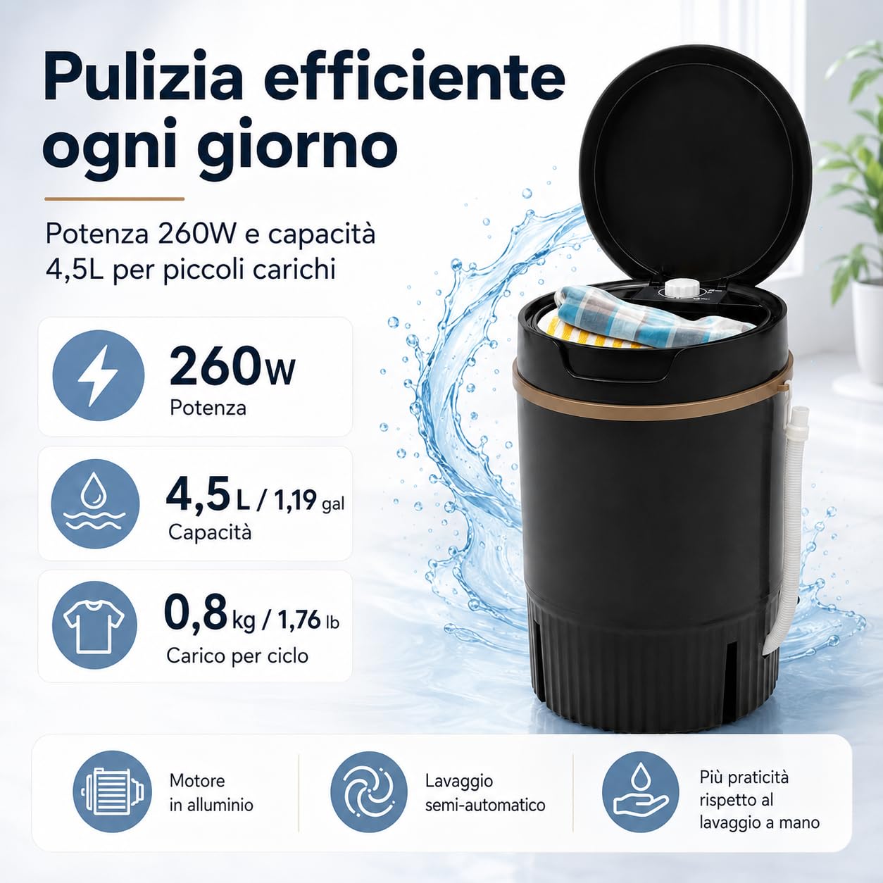Mini Lavatrice Portatile, 4.5Kg Capacità Lavaggio con Cestello Centrifuga - Nero per Casa Viaggi Dormitorio Campeggio