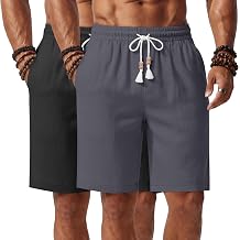 Neer 2 Pack Mens Linen Shorts, Casual Lightweight Drawstring Shorts 9 Inch Inseam Elastic Waist Short Pants with Pockets