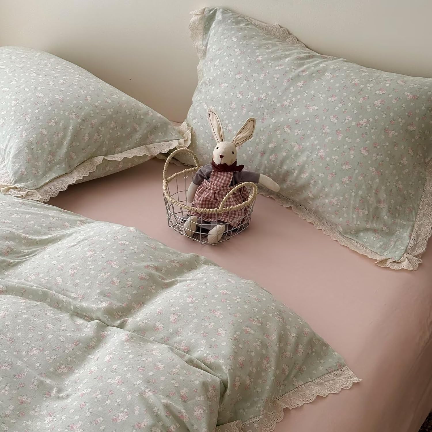 Greenfloral Muslin Duvet Cover Set 3 Pcs,68"×86" Twin Bedding | 1 Duvet Cover+2 Pillowcases,Twin Size,100% Cotton Muslin,Cottagecore Style,All-Season Breathable,Ruffled Trim,Zipper Closure thumbnail