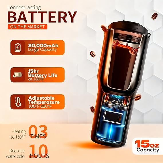EAST MOUNT Smart Temperature Controlled Mug,Heated Coffee Mug,16 Hours Battery Life,Vacuum Insulated Hot Beverage Warmer 15OZ,with LCD Display 90F to 150F