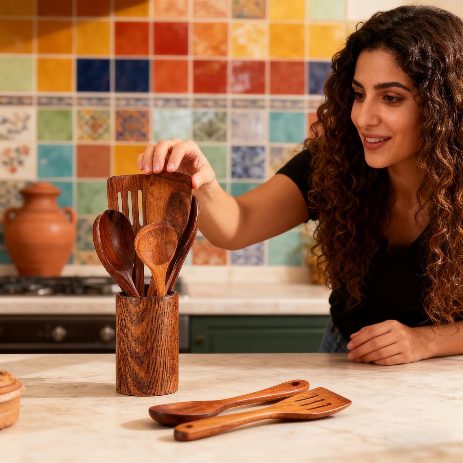 Set Di Utensili Per 8 Pezzi Spatole E Mestolo Resistente Al Calore E | Set Di Utensili Da Cucina In Legno Per Casa All Aperto BBQ Raduno Viaggio Festa Preparazione Del Cibo