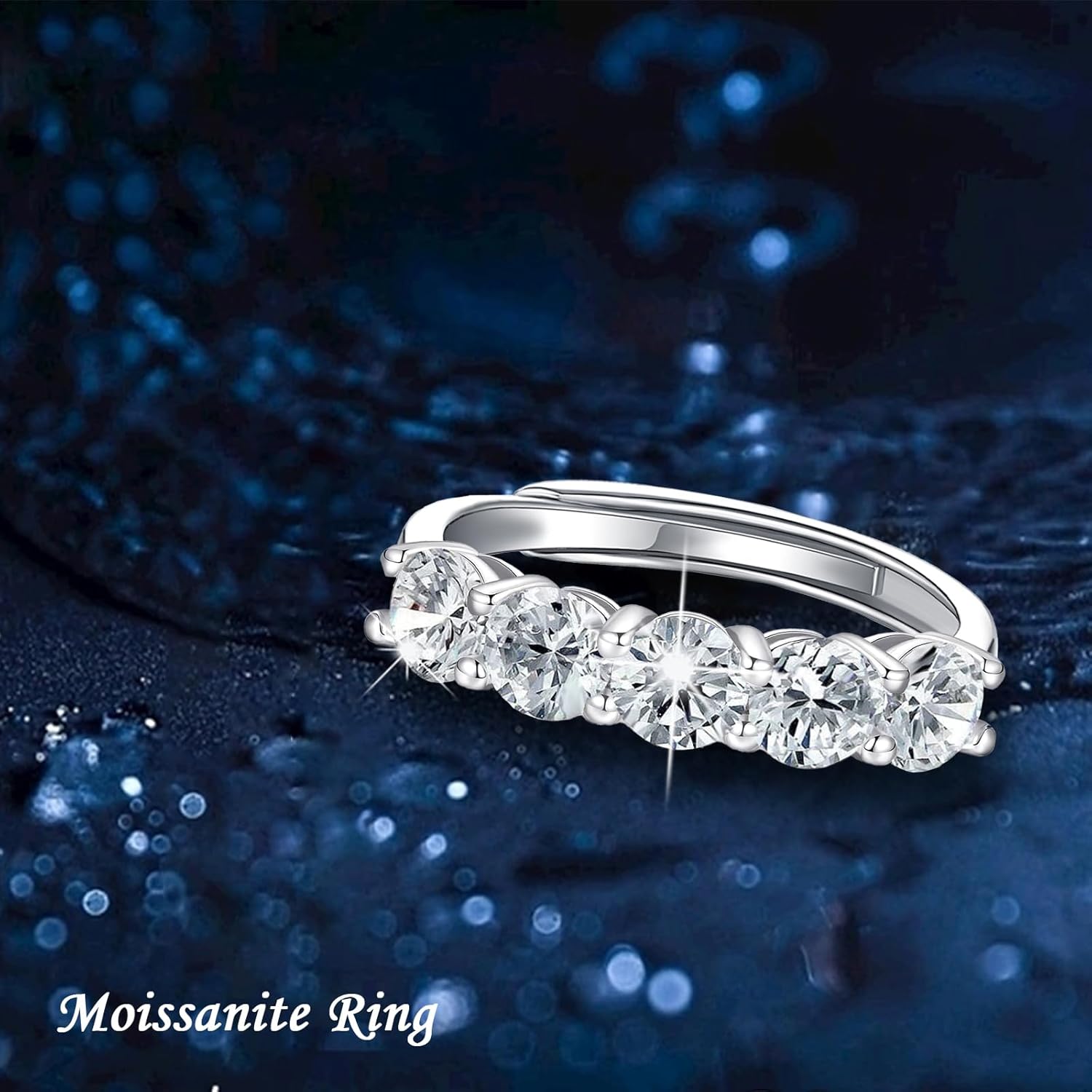 5 Stone Moissanite Rings for Women Adjustable Open Moissanite Eternity Wedding Band in 925 Sterling Silver Plated 18K Gold