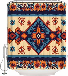 Southwestern Aztec Shower Curtain with Hooks, Native American Indian Geometric Ethnic Shower Curtains with Rustproof Grommet, Waterproof Bathroom Decor for Hotel, Bathtub, Camper, 72"x72"