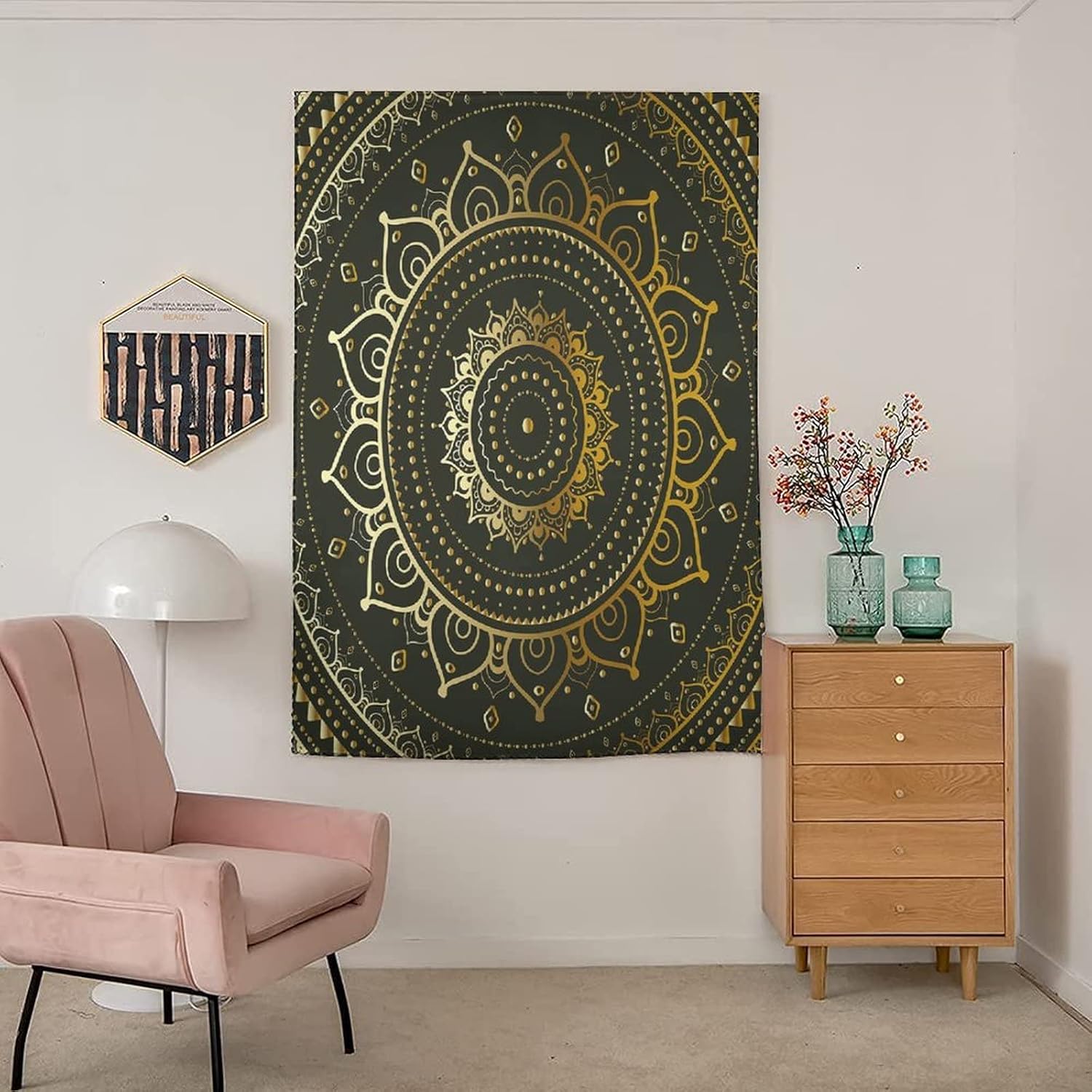 Self Adhesive Portable Blackout Curtains, Gold Mandala Room Darkening Curtains, Circular Tribal Figure Ancient Asian Print Temporary Blackout Blinds,59W x84L Inch, for Bathroom Living Room Bedroom