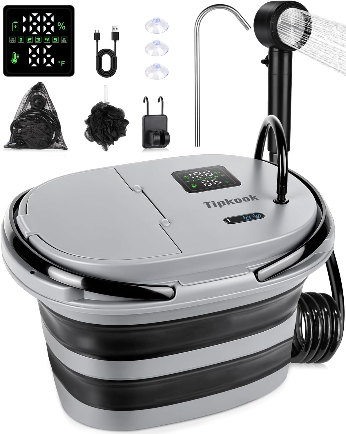 Integrated Camping Shower with 20L Foldable Bucket,13000mAh Portable Shower