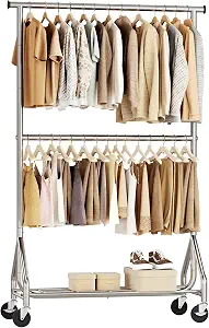 HYSEYY Heavy Duty Clothes Rack, Double Rod Rolling Garment Rack, Adjustable Freestanding Wardrobe for Bedroom, Laundry, Living Room, Silver