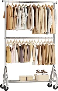 HYSEYY Heavy Duty Clothes Rack, Double Rod Rolling Garment Rack, Adjustable Freestanding Wardrobe for Bedroom and Laundry, Silver