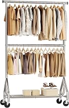 HYSEYY Heavy Duty Clothes Rack, Double Rod Clothing Rack for Hanging Clothes, Rolling Garment Rack, Adjustable Freestanding Wardrobe Closet Coat Rack for Bedroom Laundry Living Room, Silver
