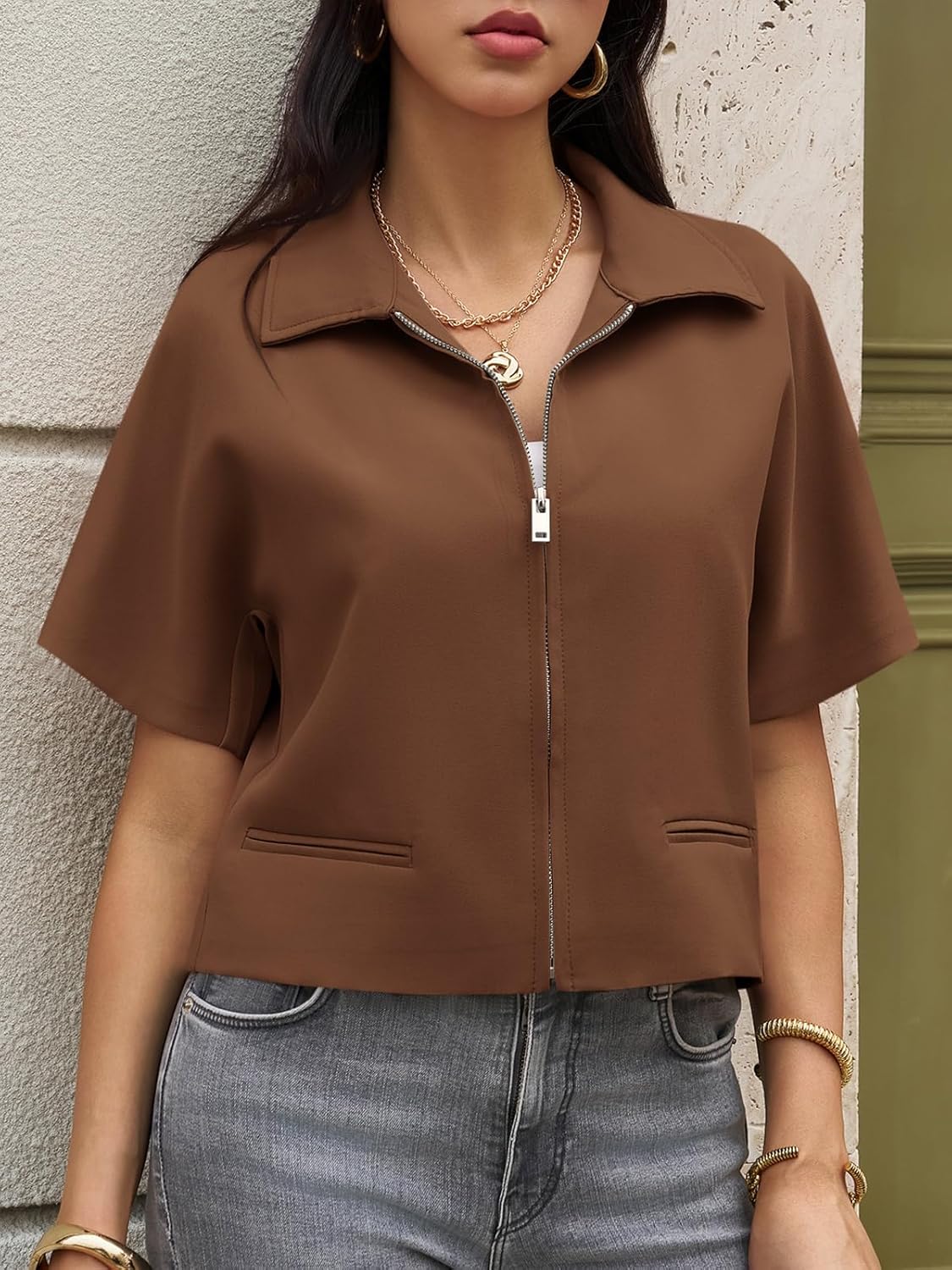 Tankaneo Womens Trendy Vest Top Summer Casual Short Sleeve Zip Up Blazer Cropped Loose Fit Collared Blouses - Image 4