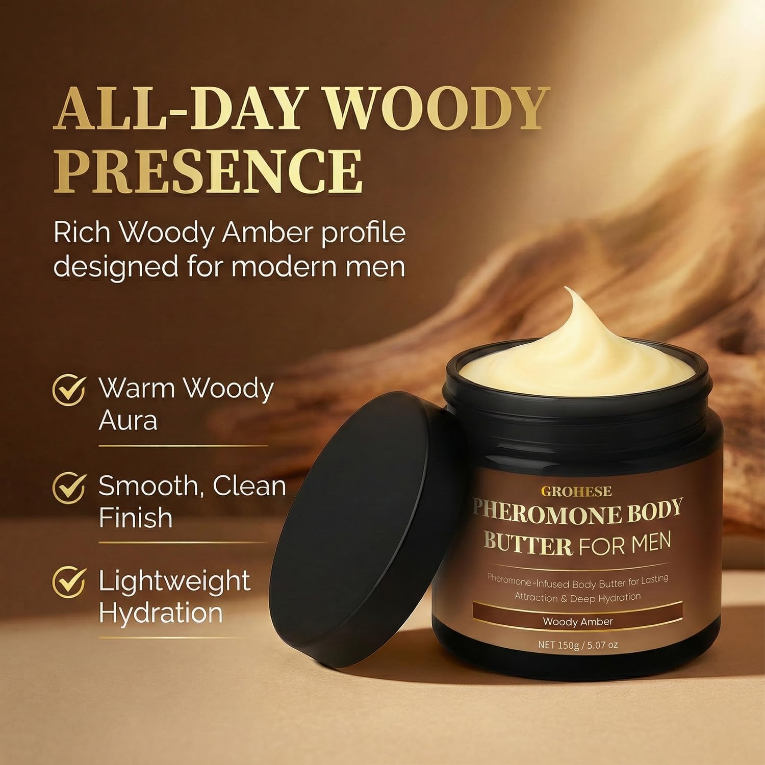 Pheromone Body Butter Men, Mens Skin Cream, Cologne-Inspired Fragrance Moisturizer with Shea Butter, Cocoa Butter & Coconut Oil, Non-Greasy Hydrating Body Cream - Woody Amber