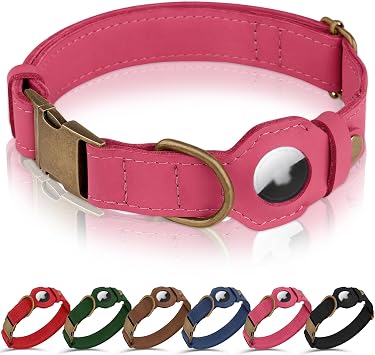 AirTag Dog Collar - Genuine Leather Dog Collar with AirTag Holder and Metal Buckle - Smart GPS Tracking Pet Collars Pink, S, 12"-15" Neck Fit
