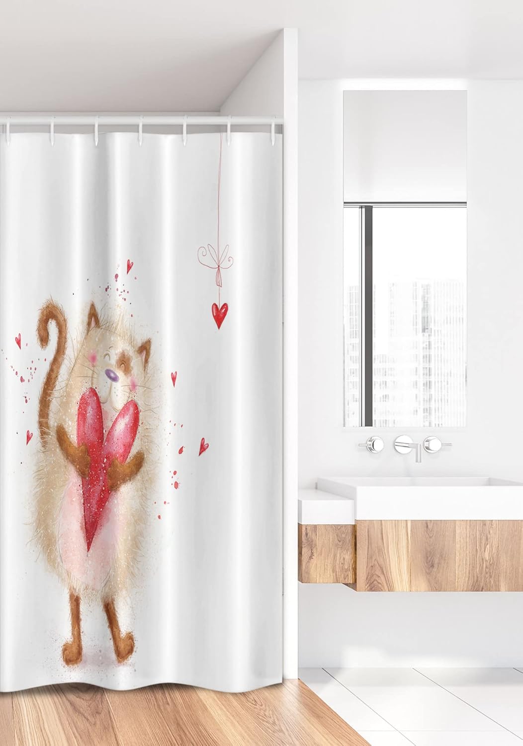 Ambesonne Love Stall Shower Curtain, Cat Heart Valentines Day Honeymoon Smile Joyful Cheering Happy Theme, Fabric Bathroom Decor Set with Hooks, 36" W x 72" L, Brown Cream Red