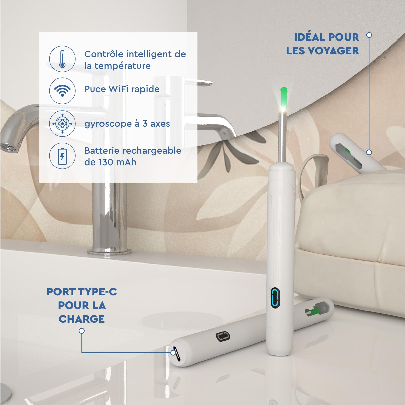 Otoscope Oreille avec Caméra 1920p 3,6mm Étanche WiFi Elimination du Cérumen - UdiGuard Endoscope Nettoyant Oreille Blanc 6 Lumières LED Animaux Adultes Enfants - Compatible avec iPhone iPad Android