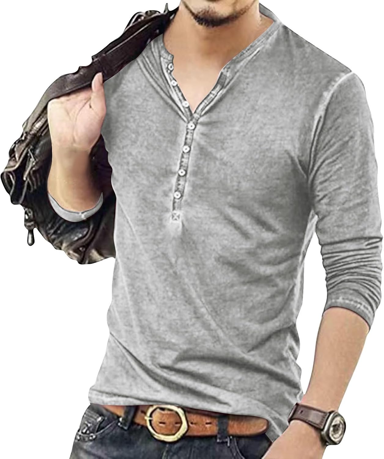 Ymosrh Men's Henley Shirts Long Sleeve Casual Daily Work Button T-Shirt, M-3XL