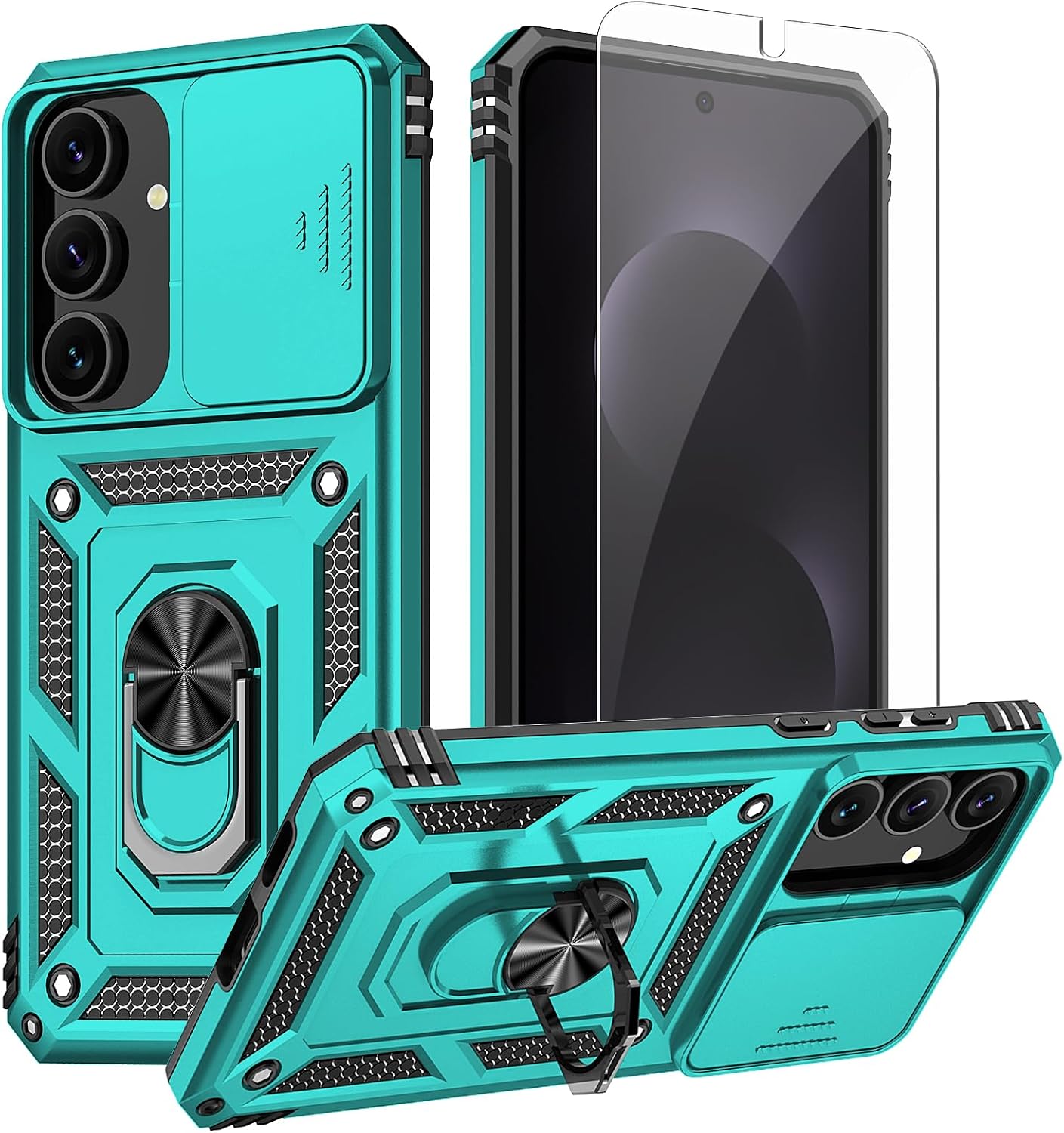 for Samsung Galaxy S25 FE Case, Built in Slide Camera Lens Cover+ Finger Ring Holder Kickstand+ Screen Protector, Heavy Duty Shockproof Full Body Protective Phone Case, Teal