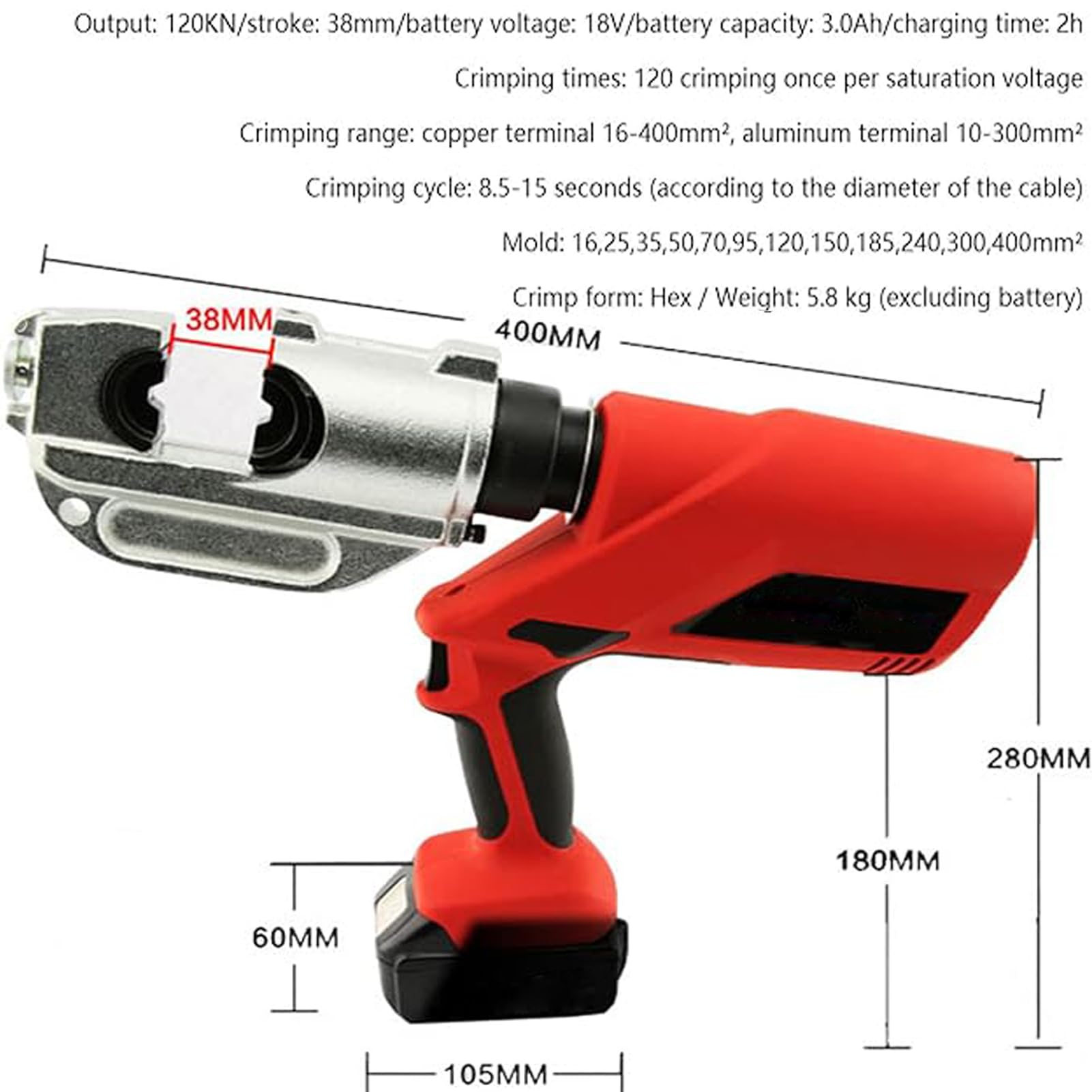 Pinza crimpatrice idraulica portatile, batteria al litio, capocorda per cavi elettrici, terminali idraulici, con 12 paia di connettori a crimpare, 16-400 mm²