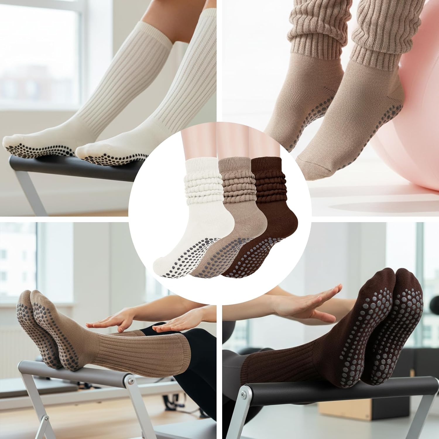 3 Pairs Pilates Socks with Grips for Women, Women Long Slouch Scrunch Socks Non Slip Yoga Slipper Sock - Image 6
