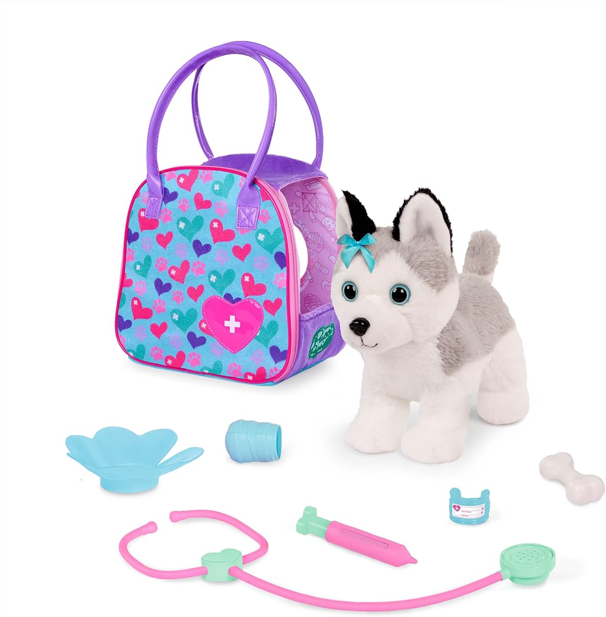 Pucci Pals Juego de portador de cuidado veterinario Husky de peluche, juego de perro de peluche, mascota | Juego de transporte para mascotas de felpa de 8 piezas con husky, estetoscopio, jeringa, yeso, venda, cono y hueso para juegos de simulación, a partir de 2 años