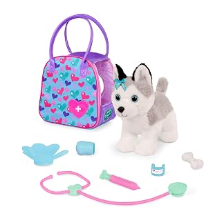 Pucci Pals Plush Husky Vet Care Carrier Playset, Stuffed Dog Set, Pet | 8-piece plush pet carrier set with husky, stethoscope, syringe, cast, bandage, cone and bone for pretend play, 2+ Years