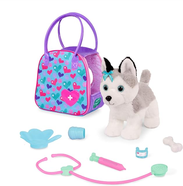Pucci Pals Plush Husky Vet Care Carrier Playset, Ensemble de chiens farcis, Pet 8-piece en peluche, serti de stéthoscope, seringue, moulage, bandage, cône et os pour jouer de factices, 2+ Années