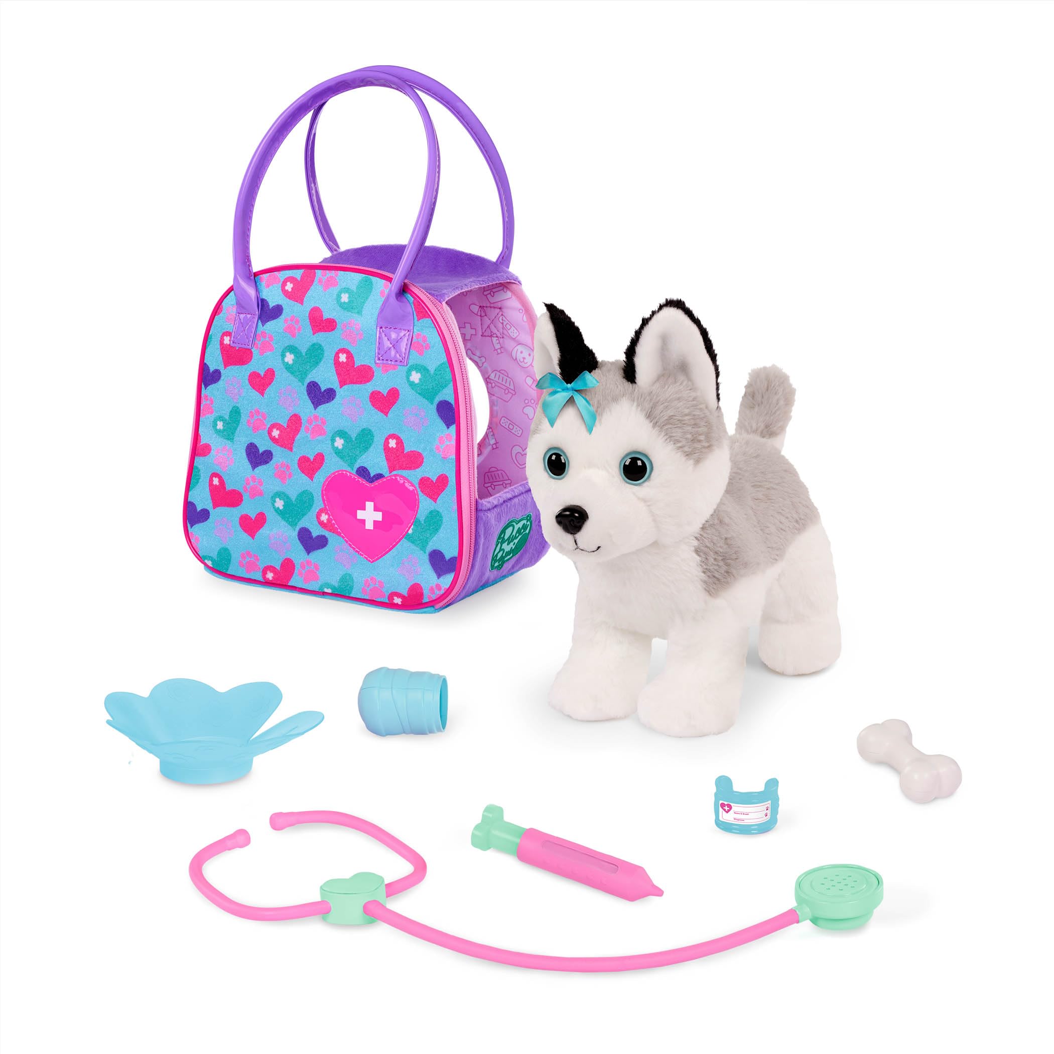 Pucci Pups – Plush Husky – Dog Carrier – Husky & Vet Care Carrier – Stethoscope, Cast & More – Stuffed Animal – 3+ Years