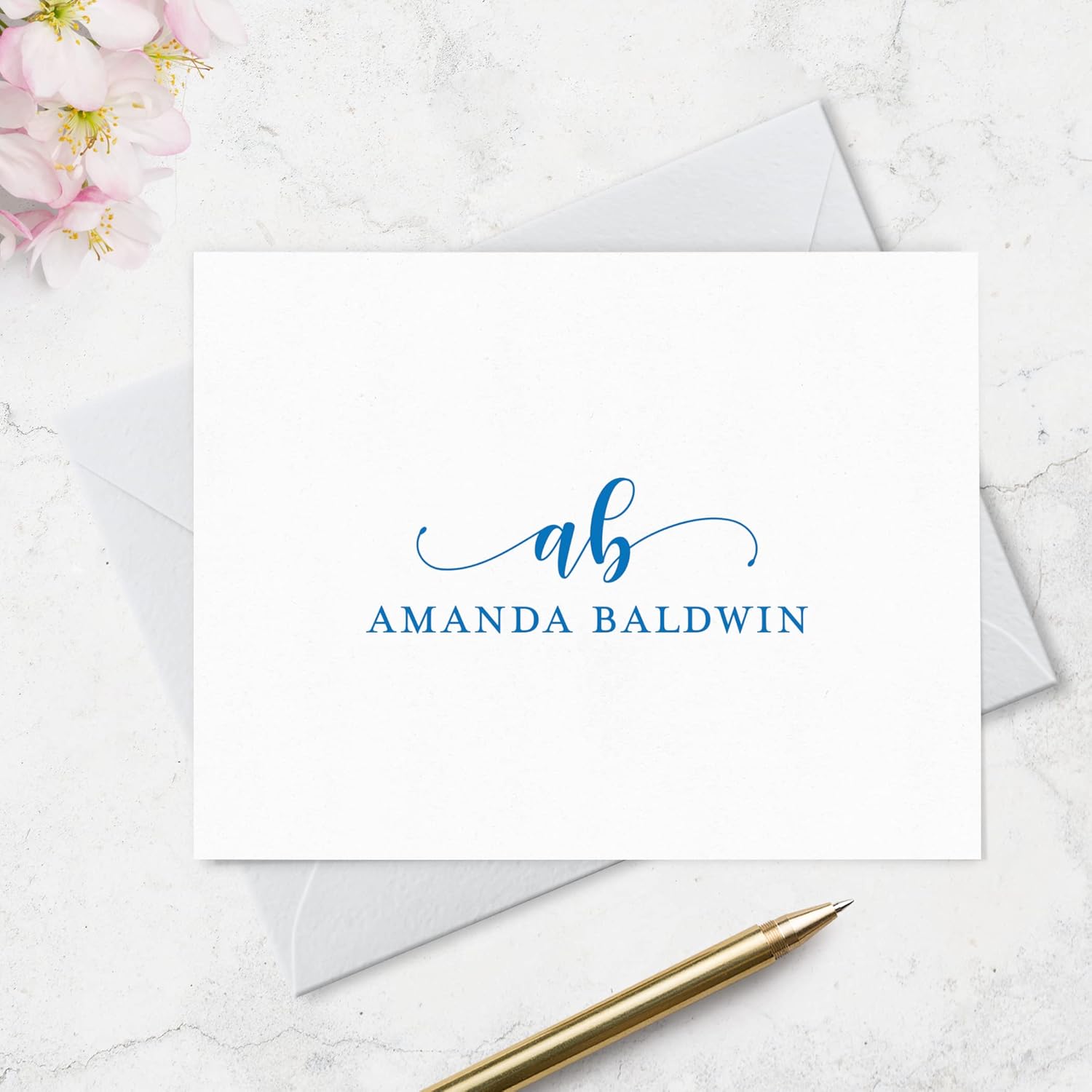 Personalized Folded Note Card and Envelope Stationery Set with Monogram and Name on Front - Stationary Set with Envelopes - Choose Your Colors and Set Size (Script Monogram)