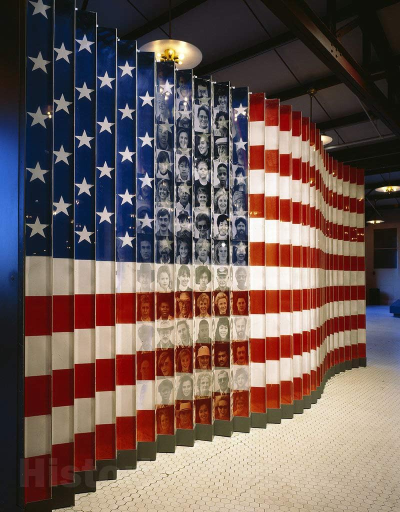 Historic Pictoric New York, NY Photo - Ellis Island Flag and Faces Exhibit Photograph, Ellis Island, New York, NY - 11in x 14in