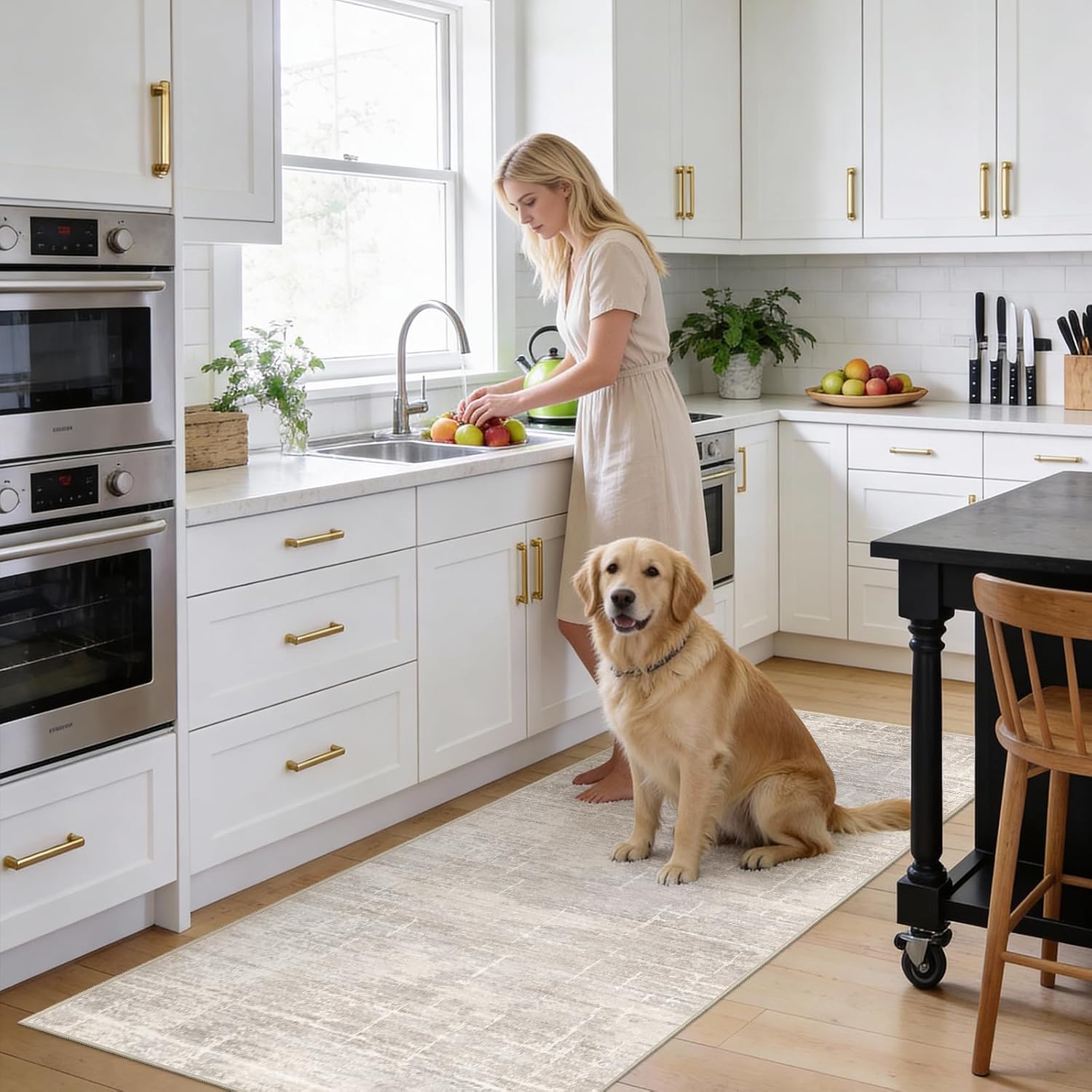 3x6 Washable Kitchen Runner Rug - Modern Abstract Neutral Carpet with Non-Slip Backing Low-Pile Stain-Resistant Thin Runners for Hallway Bathroom Bedroom Entryway (3x6, Beige)