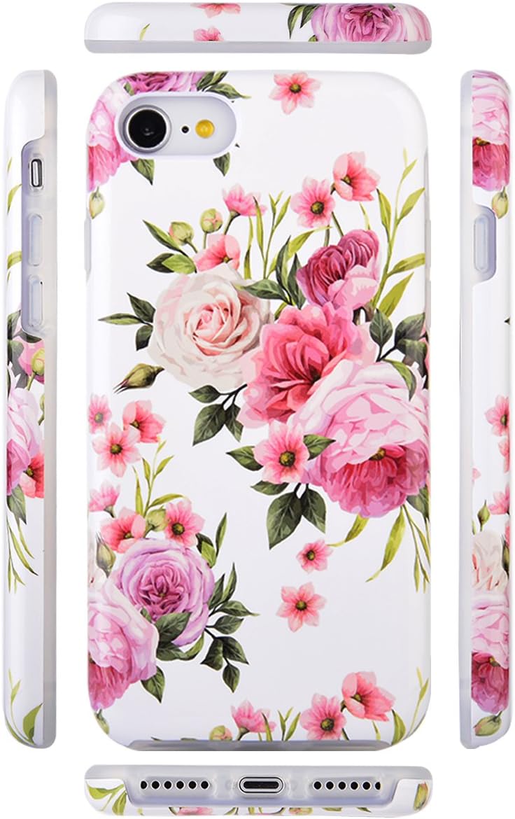 Dimaka Case for iPhone 7 Case, iPhone 8 Case for Girls, Cute Floral Leef Flower Pattern Protective Case, 2 Layer Hybrid Drop Proof Cover [Retro Design] for iPhone 7 and 8 (114)