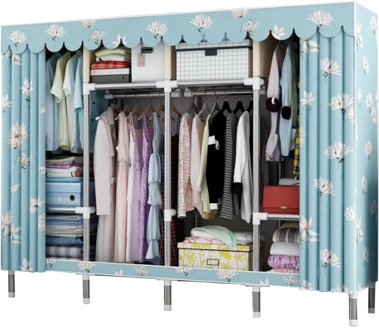 Canvas Wardrobe,Portable Fabric Wardrobe Shelves with Hanging Rail,Foldable Clothes Closet Storage Organizer for Clothes,Bags,A-206x45x175cm