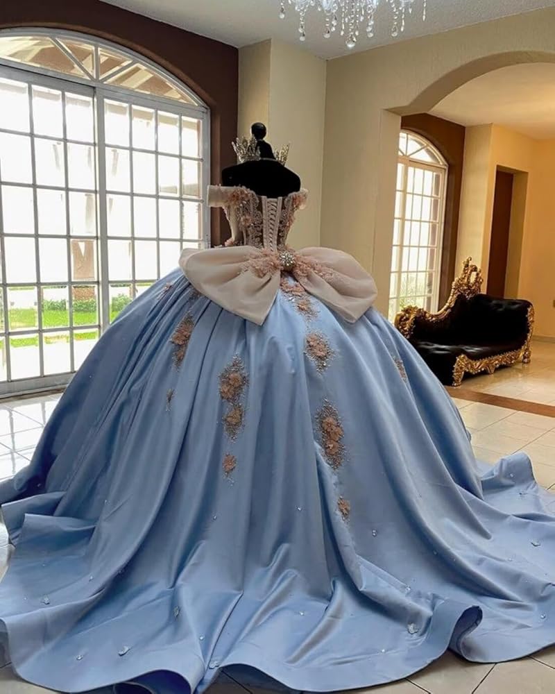 Amazon.com: FHPKGE Aqua 3D Flowers Quinceanera Dresses Off Shoulder Satin  Sweet 15 Dresses Sparkly Beaded Ball Gown with Train Petite Size 0:  Clothing, Shoes & Jewelry