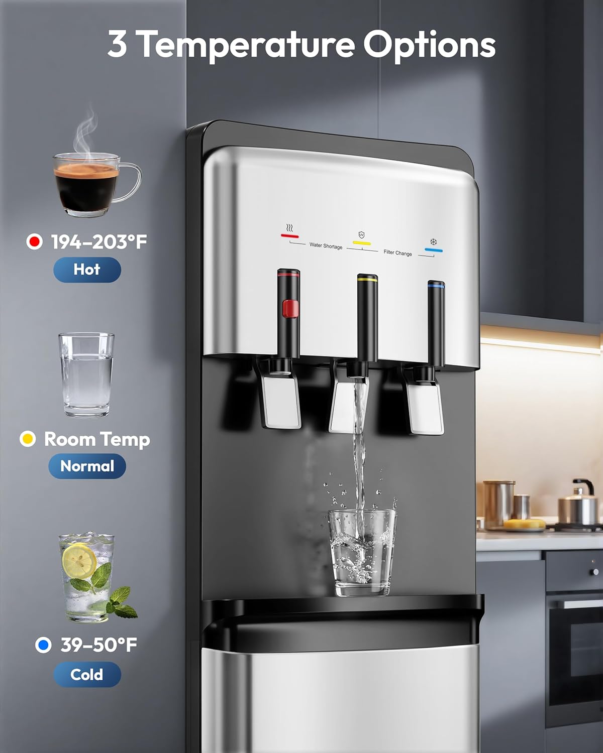 Euhomy Self-Cleaning Bottleless Water Dispenser, 3 Temperature Settings (Cold/Warm/Hot), NSF Certified Filters, LED Indicators, with Childproof Lock，Black