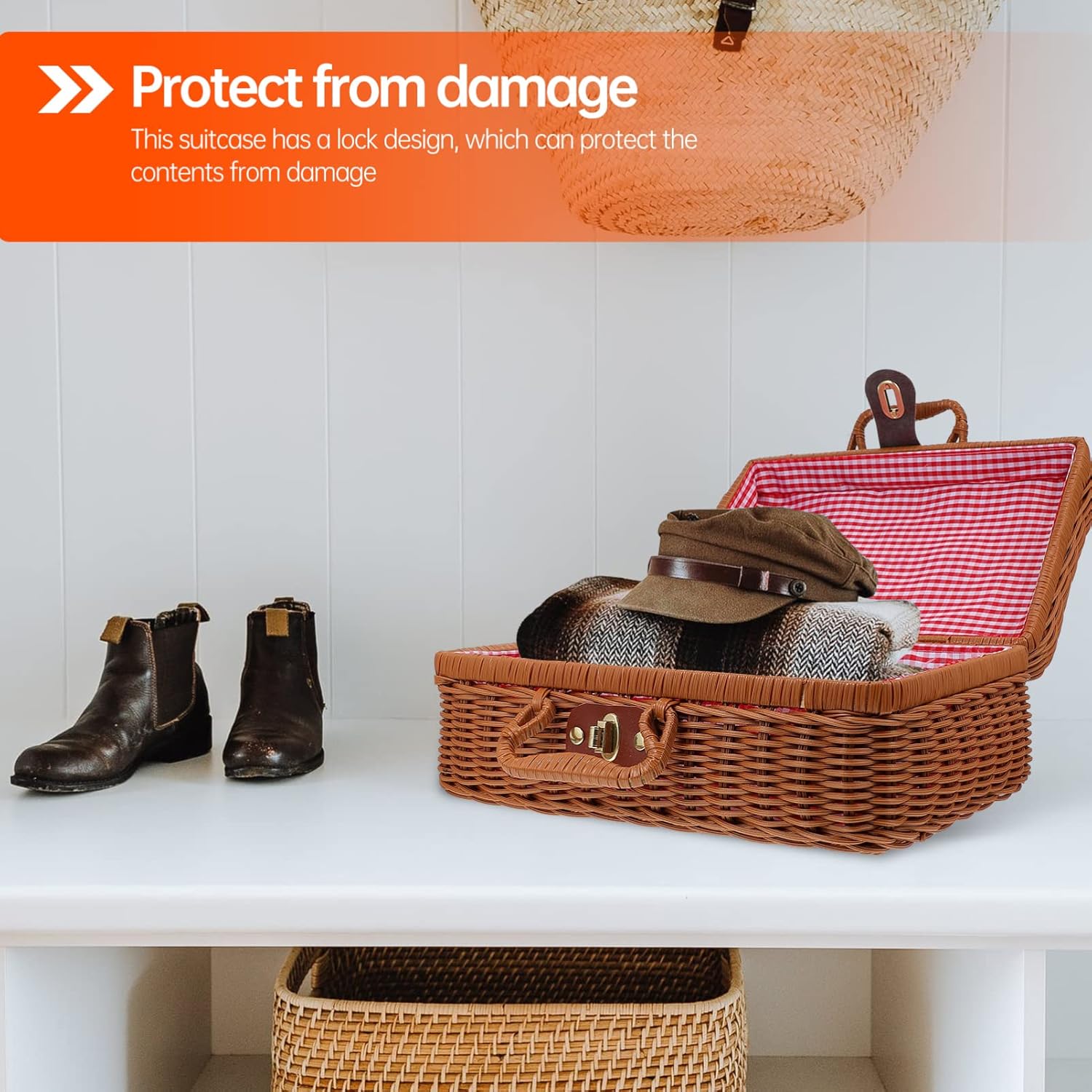 DOITOOL 1pc Imitation Rattan Woven Suitcase with Lock Retro Handwoven Storage Box Capacity Organizer Decorative Case with Lining for Tidy Items