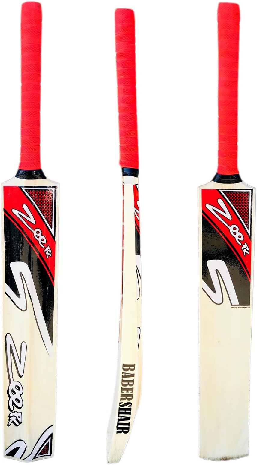 Cricket Bat Net Practice Tennis Ball Tape Ball Handcrafted Kashmir Willow Wood Full Adult Size Model RED BABERSHAIR