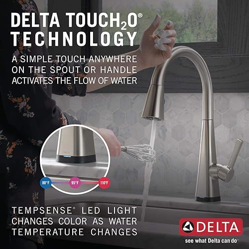 Miniatura 2 de Delta Lenta Grifo de cocina táctil de níquel cepillado con rociador desplegable, moderno grifo táctil de fregadero de cocina de un solo orificio,