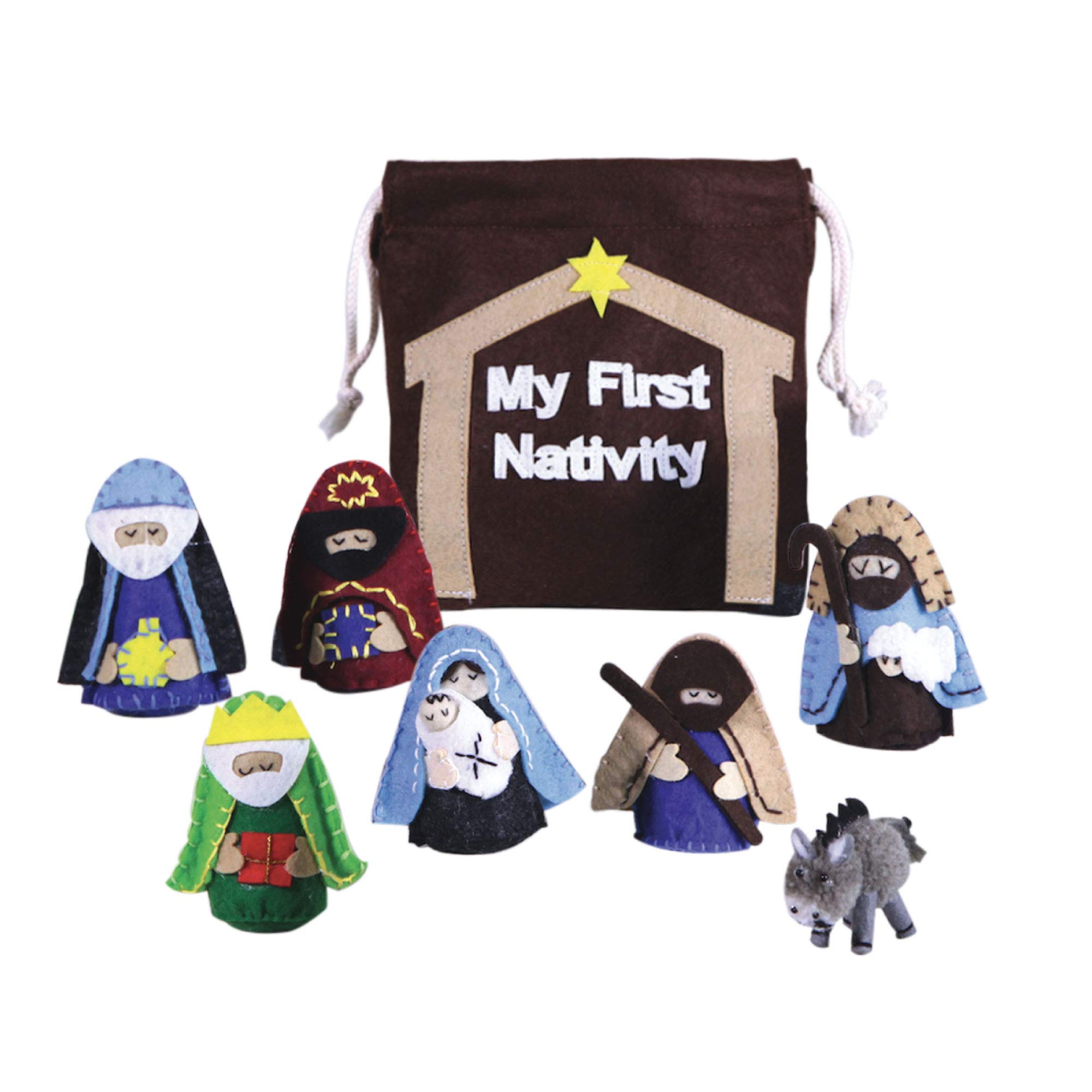 Felt Nativity Set for Kids, Christmas Activity Bag for Advent, Christian Play Figure Playset, Featuring Mary, Joseph, Baby Jesus, Shepherd, Wisemen, Donkey (8 Piece Set)