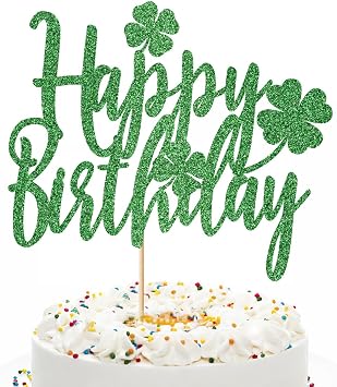 Lucky Clover Happy Birthday Cake Topper,Green Glitter St. Patricks Day Birthday Cake Decorations,St.Patricks Day Theme Party Decoration supplies 1
