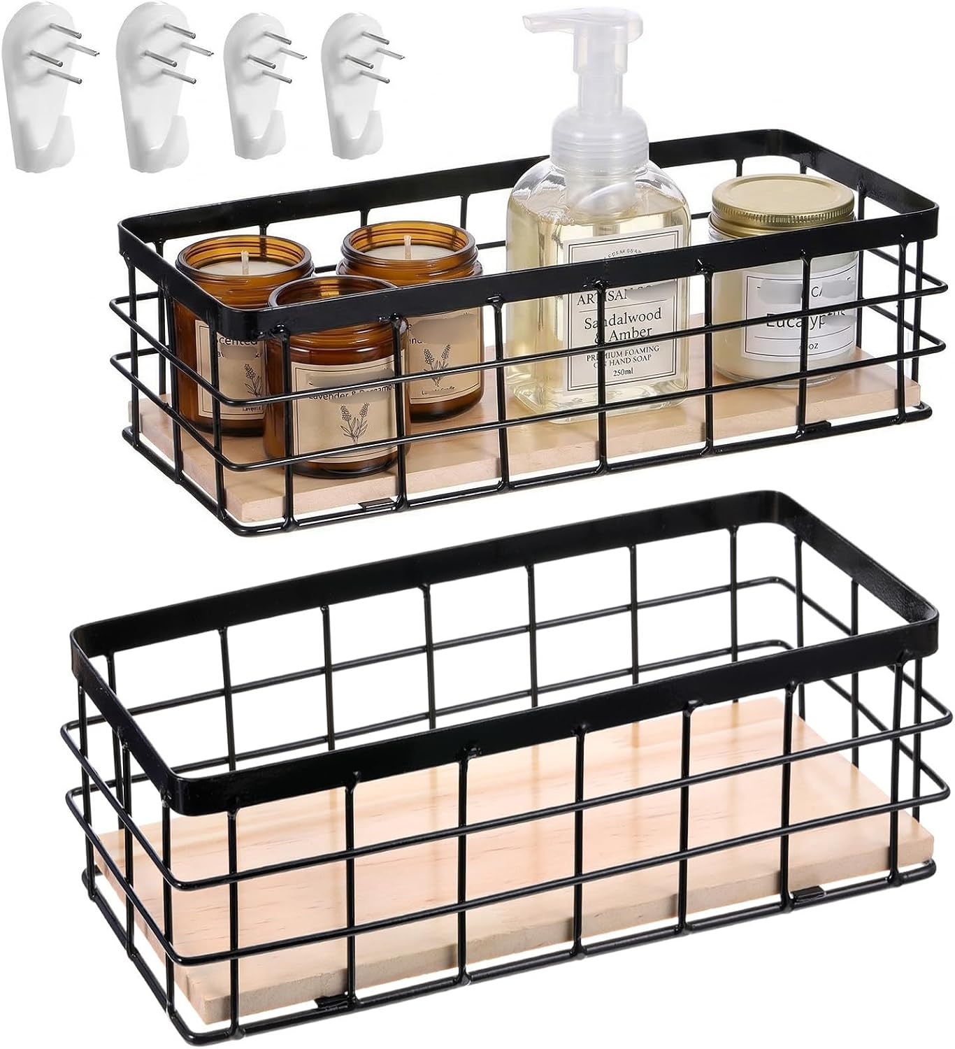 2-Pack Metal Wire Storage Basket, Wood Base Organizer Bins, Small Wall Mounted or Countertop Baskets for Kitchen, Bathroom, Pantry, Laundry Room (Large & Small Set)