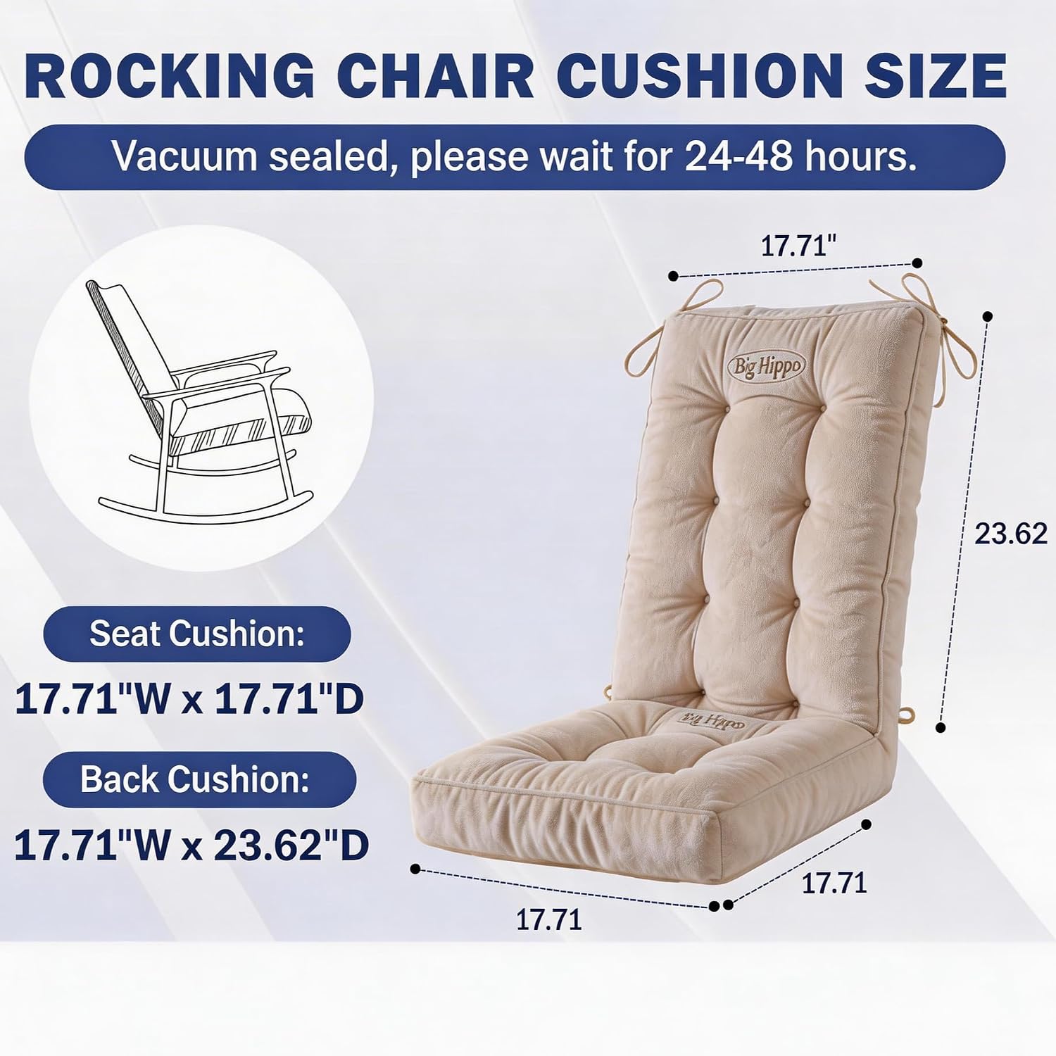 Big Hippo Rocking Chair Cushions Set with Ties, Tufted Thick Back and Seat Pads for Wooden Glider & Nursery, Velour Lumbar Support to Relieve Tailbone Pain for Indoor Office (Beige)