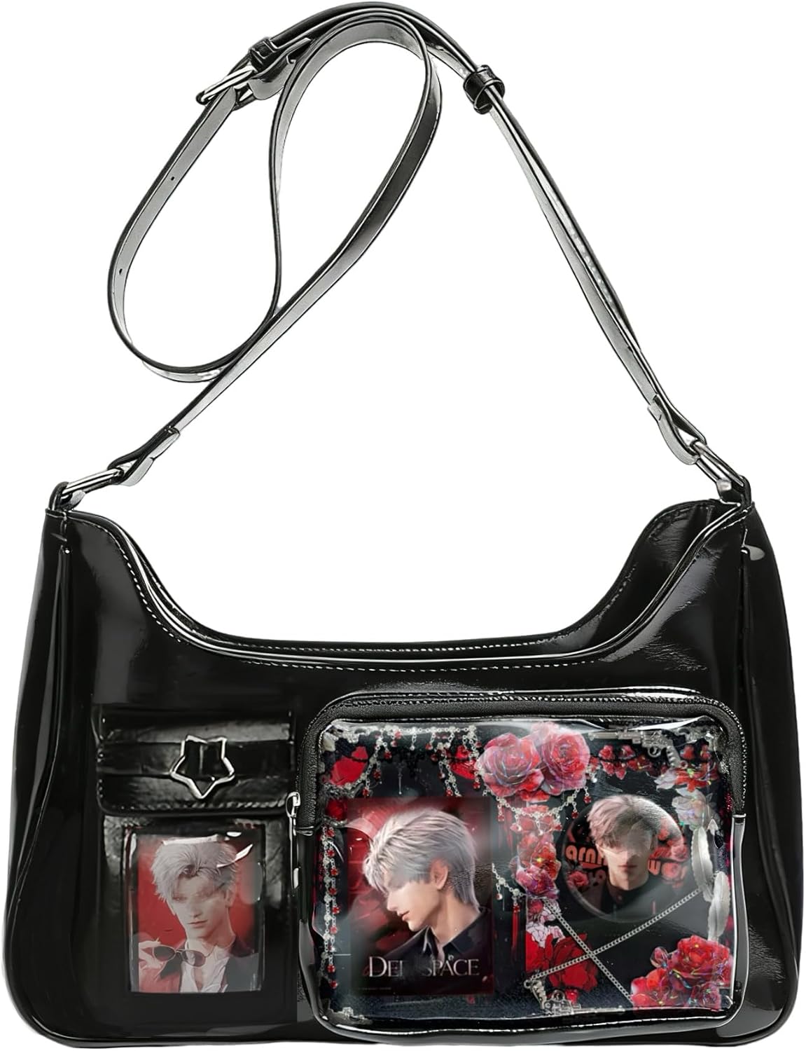 Lightweight crossbody Ita Purse, Black Kawaii Anime Y2K Pin Display Shoulder Bag, Kpop Collection Bag for Girls | Lightweight, Shiny leather, Adjustable strap, for crossbody wear
