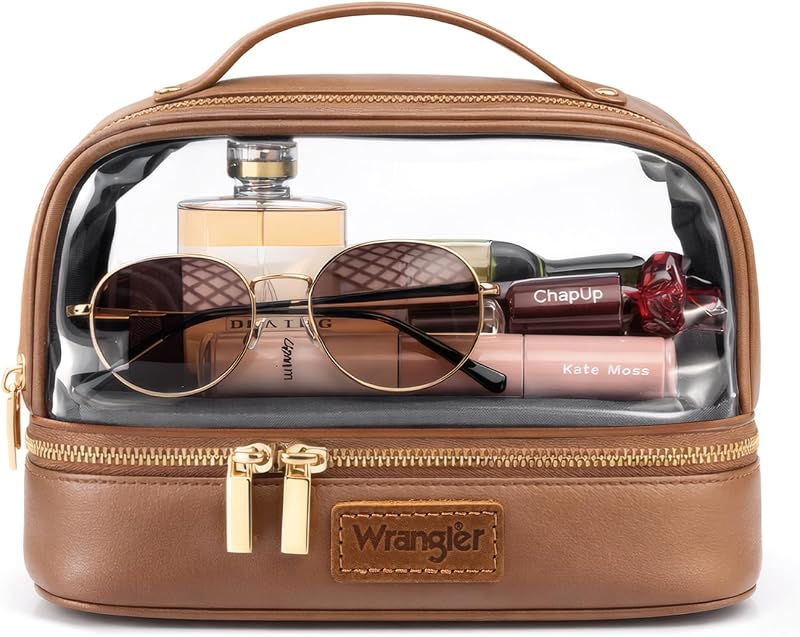 Necessaire Montana West com 2 compartimentos, PVC transparente e acabamento em couro sintético