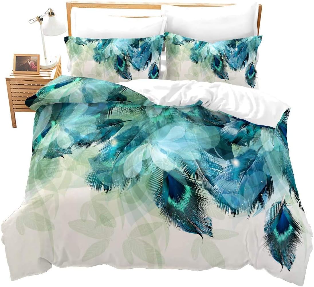 Loussiesd Peacock Decor Duvet Cover Kids King Cute Animal Theme Bedding Set Print for Adult Teen Boys and Girls Decorative Bedding Animal Soft Comforter/Quilt Cover Peacock Feathers Bed Cover