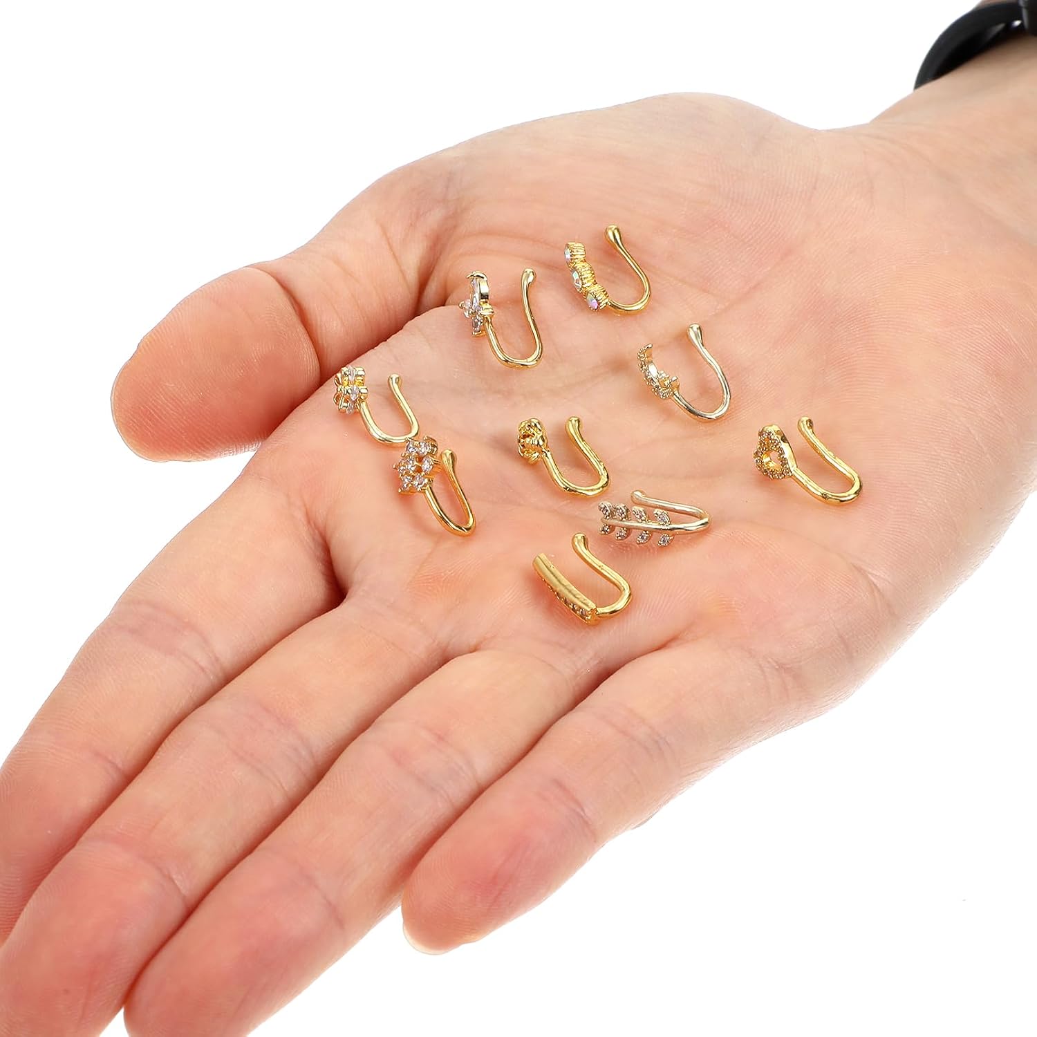 Mabor 9Pcs Fake Nose Ring Gold, Shiny Crystal Faux Nose Piercing for Women | Noses Cuffs Clip on, Rhinestone Noses Hook Non Pierced Needed Jewelry