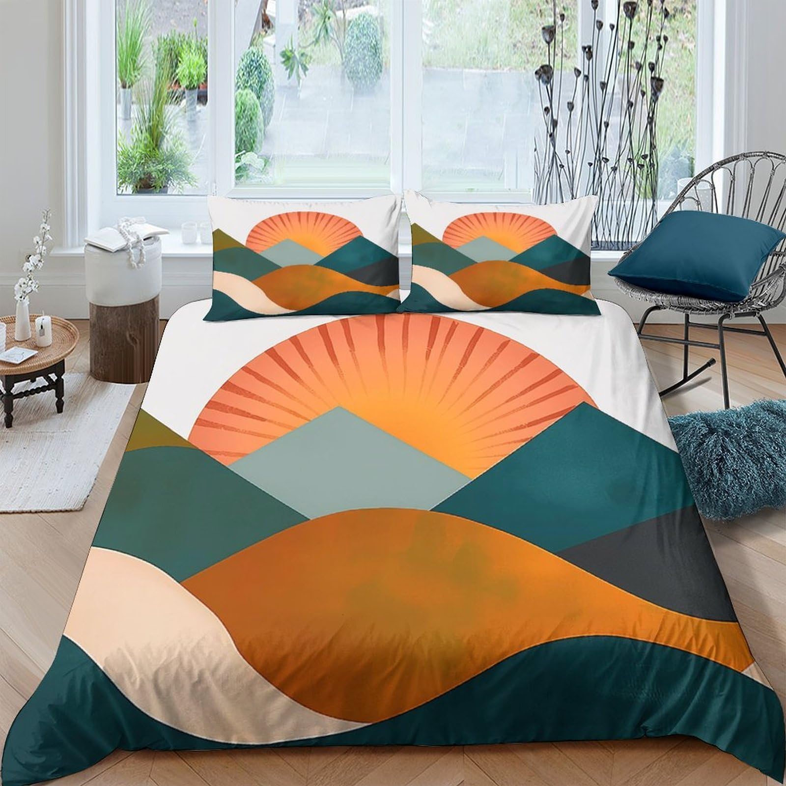 3D Printed Sunset landscape Bedding Cover Premium Polyester Modern geometric art Quilt Cover Fade Resistant Soft Comfortable for Student Dorm College Accommodation Use Single（140x200cm）