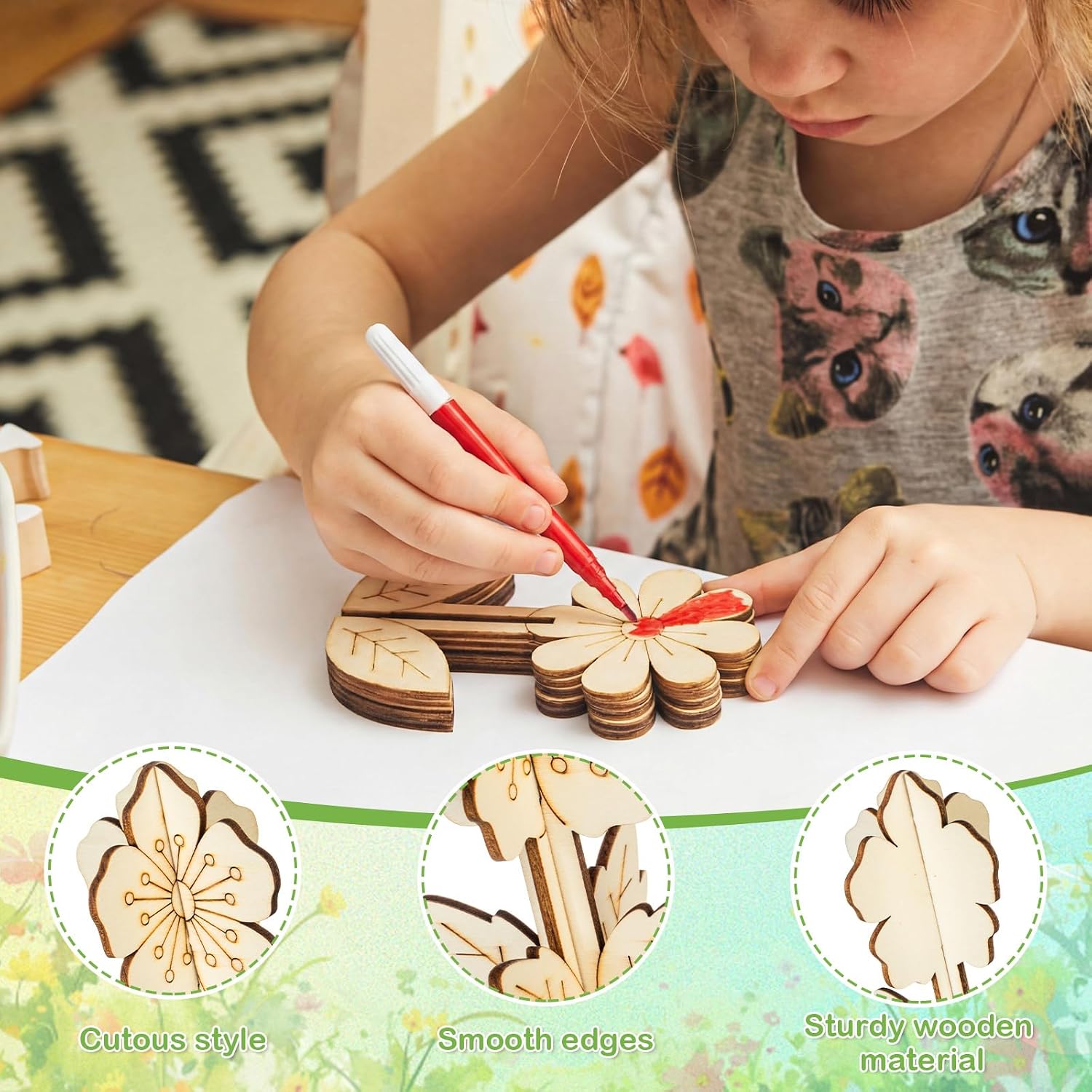MotiMind 60 Pcs 3D Unfinished Wood Flowers Crafts to Paint Set 48 Pcs 3D DIY Wooden Flower Cutouts Ornaments Wooden Slices with 12 Colored Pens for Summer Spring Tabletop Handmade Project Decor image 3