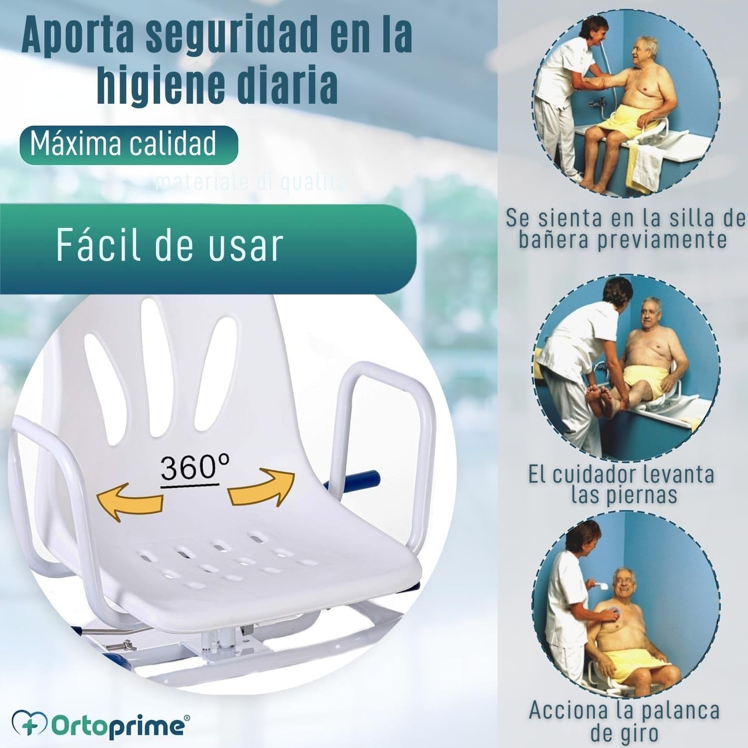 OrtoPrime Silla Bañera Giratoria 360º - Asiento Bañera Adulto Cómoda Transferencia - Silla Ducha Mayores FÁCIL Acceso - Silla de Baño Antideslizante