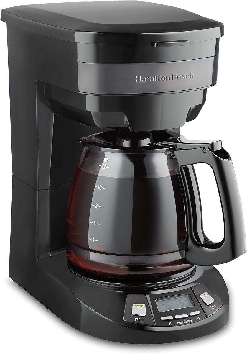 Cafetera de goteo programable de 12 tazas Hamilton Beach | Opciones de preparación regular y atrevida | Pausa y vertido automáticos | Jarra de vidrio | Acero inoxidable negro | 46293J